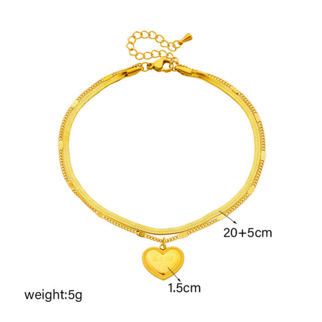 Vintage heart charm two layer snake chain stainless steel anklet