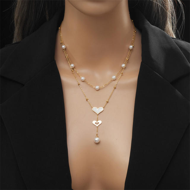 Chic two layer pearl bead hollow heart stainless steel necklace