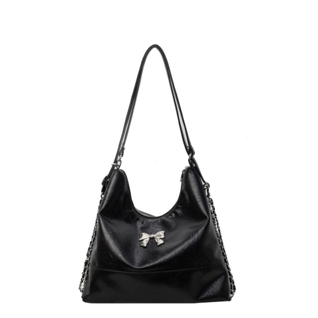 Large capacity PU leather silver bow women tote bag