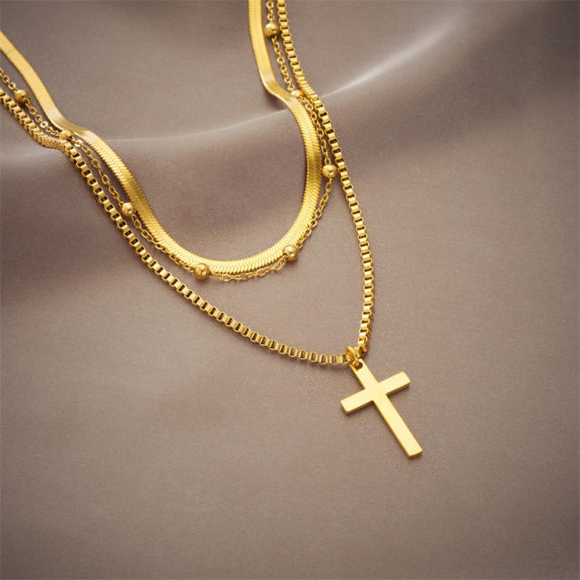 Chic three layer cross pendant stainless steel chain necklace