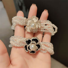 Korean fashion camellia flower pearl beaded women hair ties