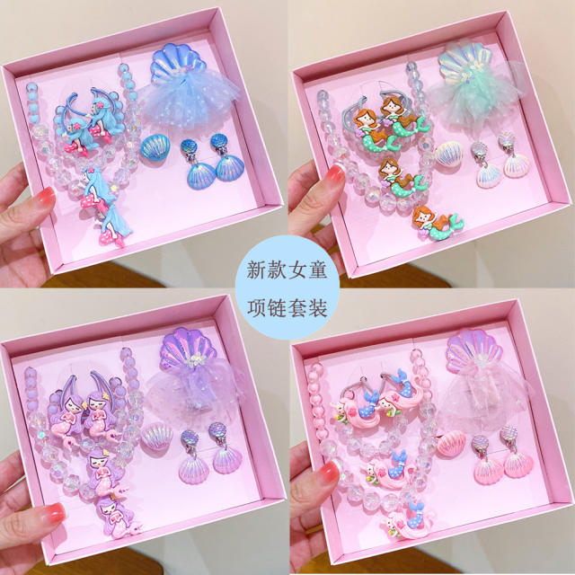 Birthday gift cartoon mermaid necklace set for kids