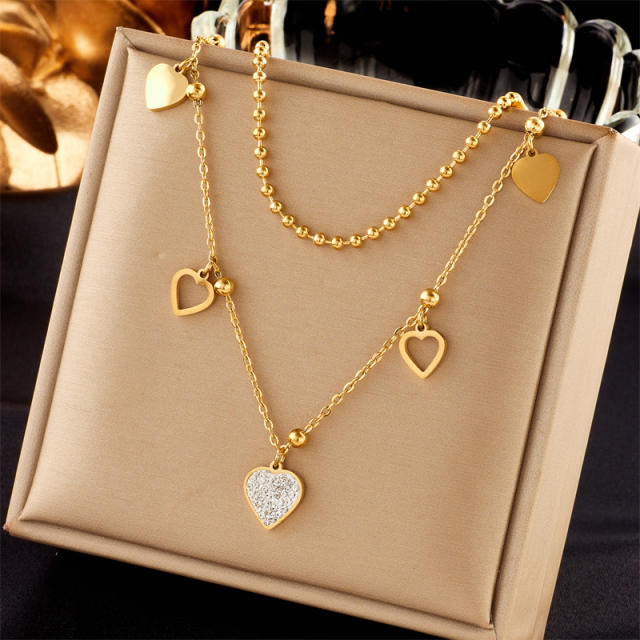 Delicate diamond heart charm two layer stainless steel necklace