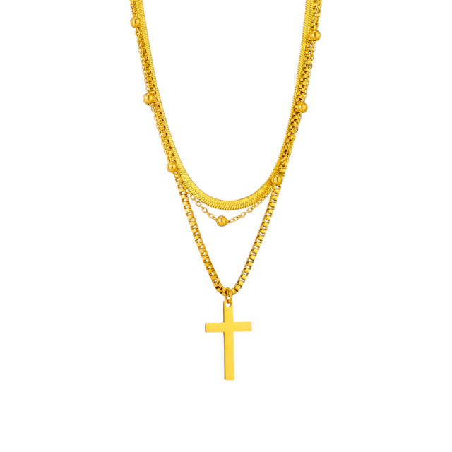 Chic three layer cross pendant stainless steel chain necklace