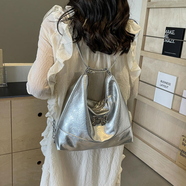 Large capacity PU leather silver bow women tote bag