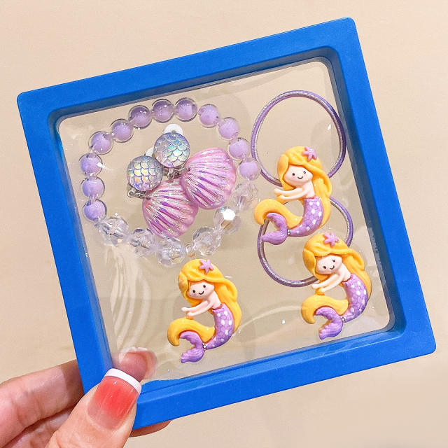 Cute unicorn mermaid hair ties bracelet earrings jewelry set with box for kids