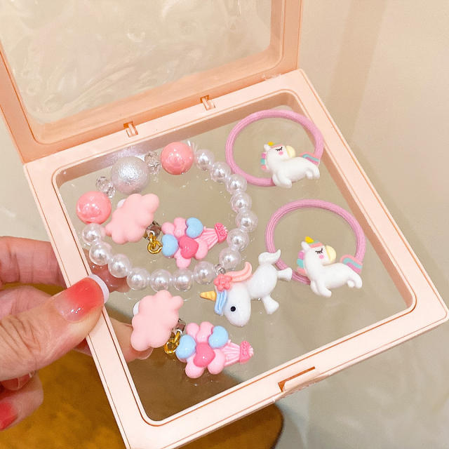 Cute unicorn mermaid hair ties bracelet earrings jewelry set with box for kids