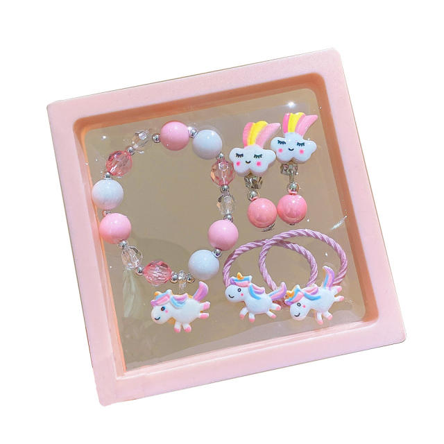 Cute unicorn colorful beaded jewelry bracelet set with display box