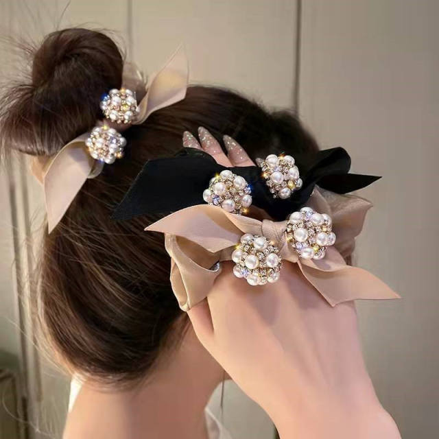 Korean fashion elegant pearl beaded bow satin scrunchies