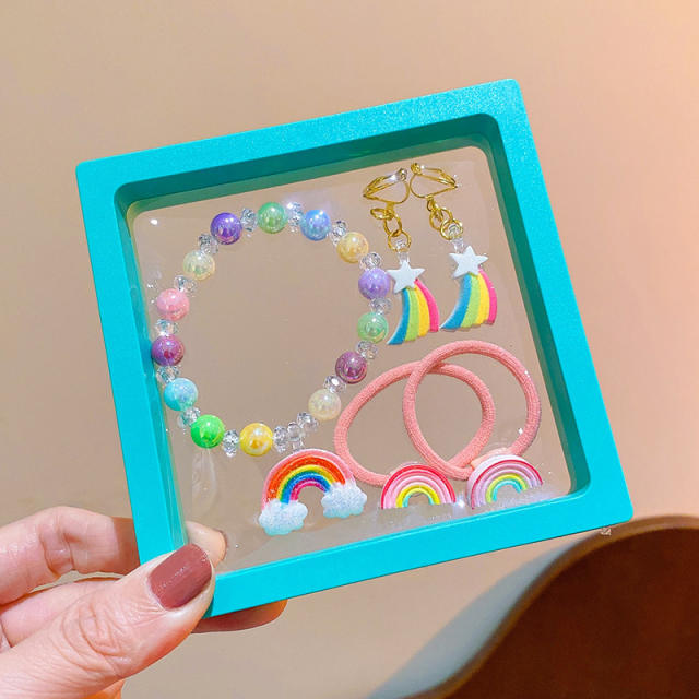 Cute unicorn mermaid hair ties bracelet earrings jewelry set with box for kids