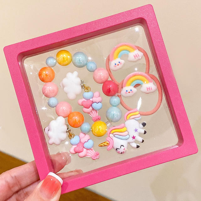 Cute unicorn mermaid hair ties bracelet earrings jewelry set with box for kids