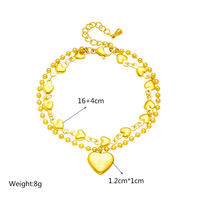 Korean fashion heart charm two layer stainless steel bracelet