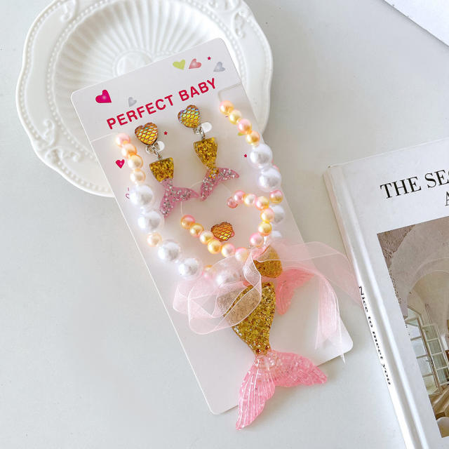 Ocean series fish tail cute necklace bracelet earrings rings set for kids