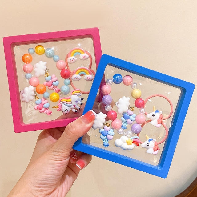 Cute unicorn mermaid hair ties bracelet earrings jewelry set with box for kids