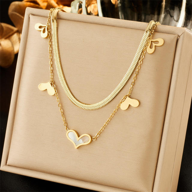 Creative two layer snake chain heart charm stainless steel necklace