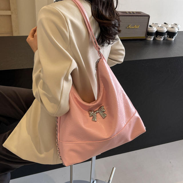 Large capacity PU leather silver bow women tote bag