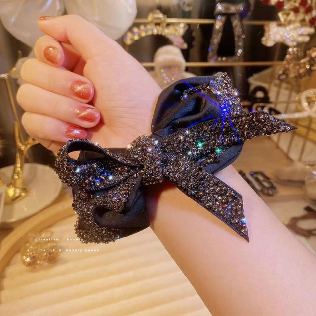 Luxury diamond bow black satin scrunchies