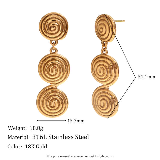 18KG geometric hammer pattern stainless steel danlge earrings