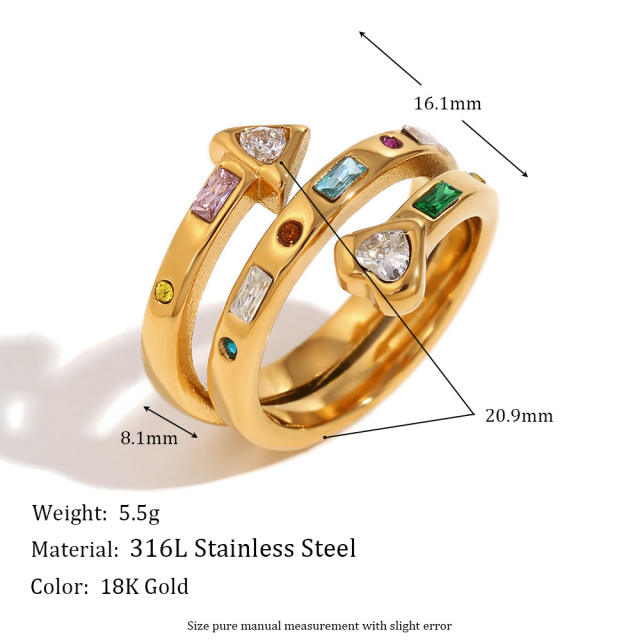 18KG three layer arrow rhinestone diamond stainless steel finger rings