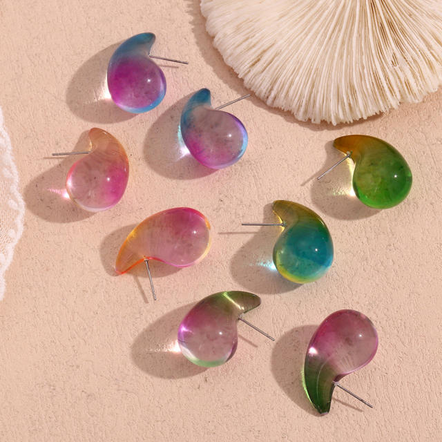 Hot sale clear resin colorful waterdrop stainless steel needle earrings