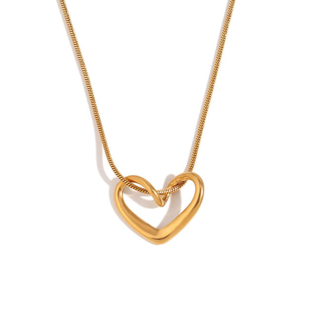 18KG hollow heart charm snake chain stainless steel dainty necklace