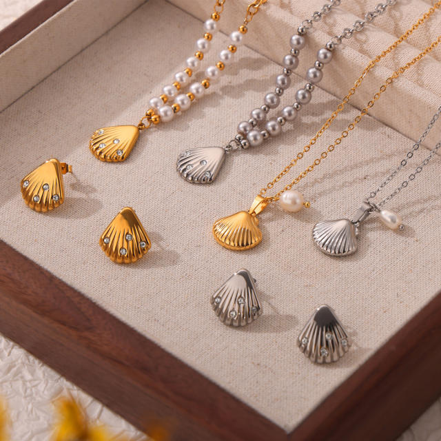 French trend ocean series shell pearl bead dainty stainless steel necklace collection