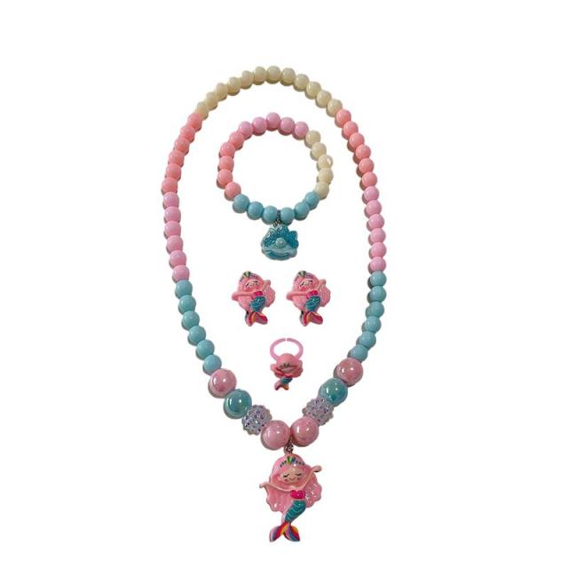 Candy color beaded mermaid charm necklace bracelet set for kids