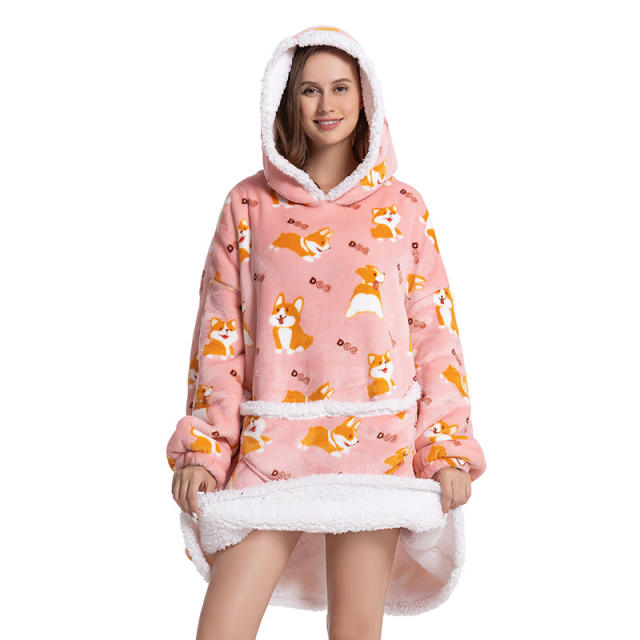 Lengthened and thickened flannel hooded pajamas blanket sweatshirt