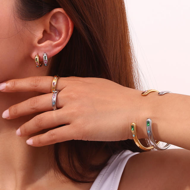 18KG colorful diamond setting easy match stainless steel huggie earrings cuffs rings collection