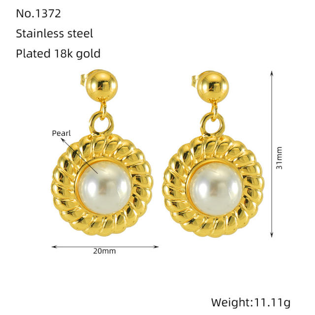 Elegant sunflower shape pearl stainless steel dangle earrings