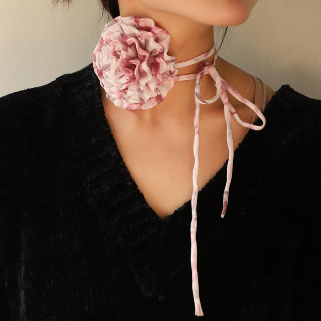 Spring summer floral chiffon rose flower strappy choker necklace