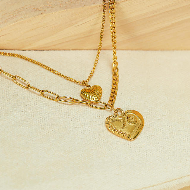 Hot sale two layer heart charm dainty stainless steel necklace