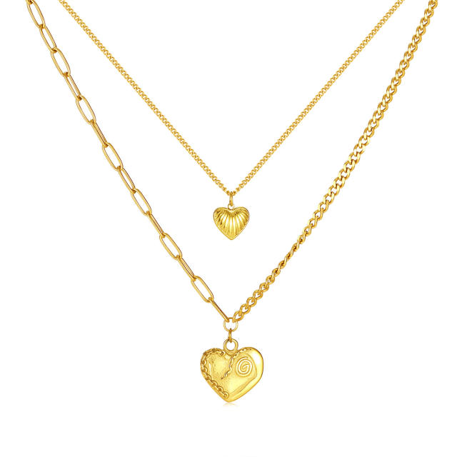 Hot sale two layer heart charm dainty stainless steel necklace