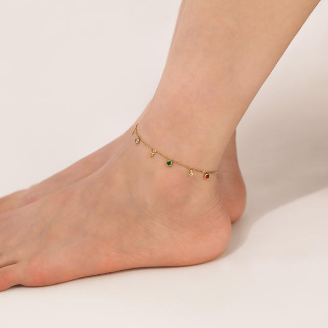 Dainty colorful cubic zircon tiny snake charm stainless steel anklet