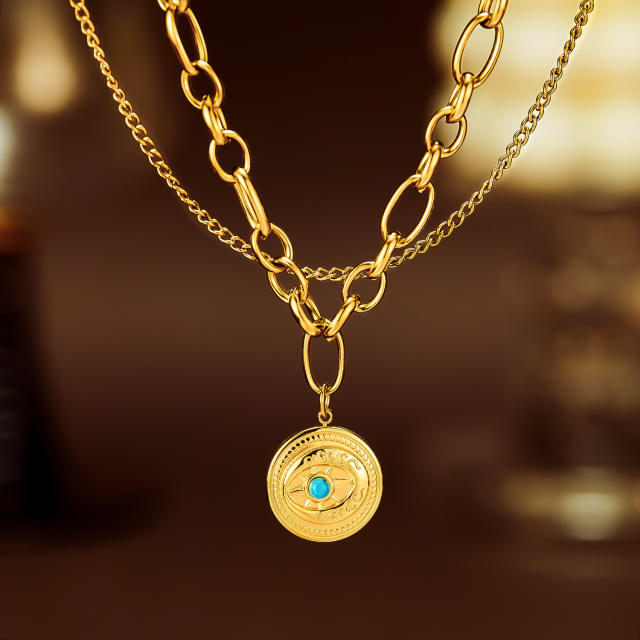 Hot sale coin charm two layer stainless steel chain necklace