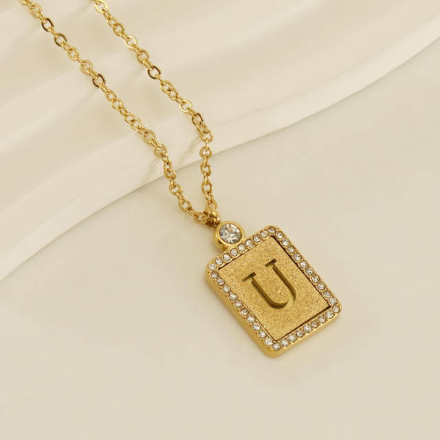 18KG hollow out initial letter frosted pendant dainty stainless steel necklace