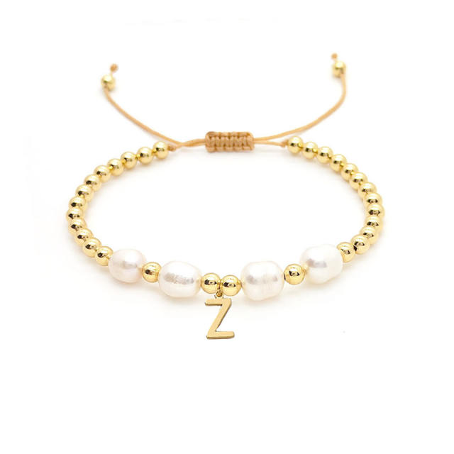 18KG baroque pearl diamond initial letter charm bracelet