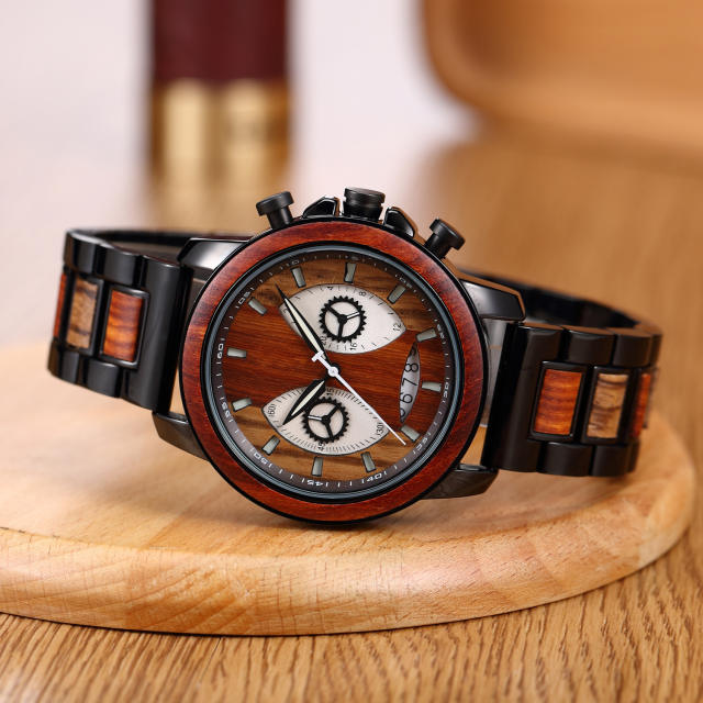 Unique mask design personality wooden quartz watch for men