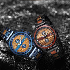 Creative stainless steel wooden mix band quartz watch for men