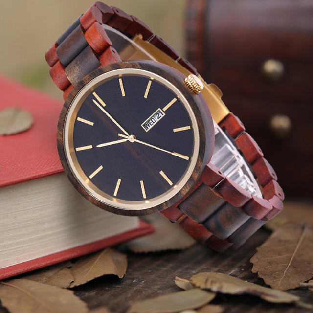 Delicate Quartz watch with calendar wooden watch for men
