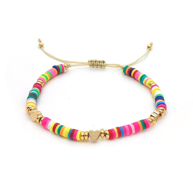 Boho colorful heishi bead gold plated cross start heart bracelet