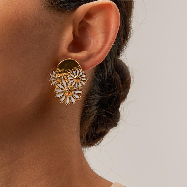 Spring enamel daisy flower stainless steel earrings