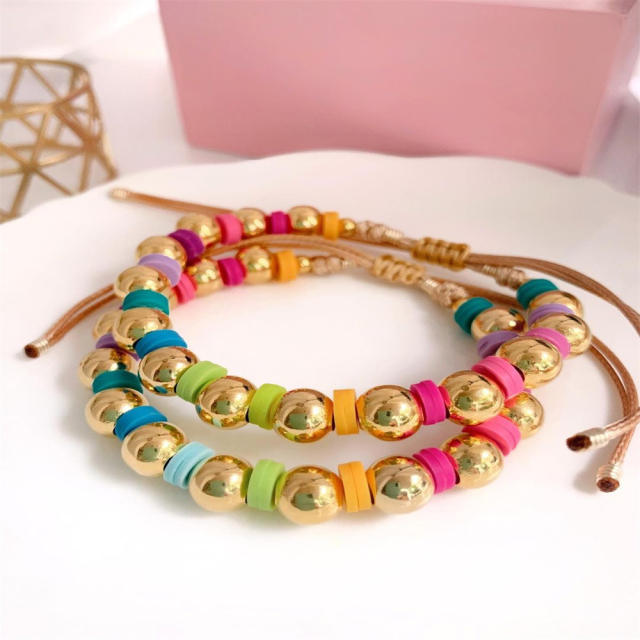 Boho rainbow color bead gold plated copper bead bracelet