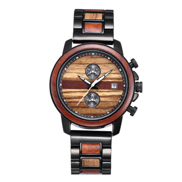 Creative stainless steel wooden mix band quartz watch for men