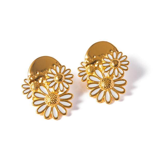 Spring enamel daisy flower stainless steel earrings