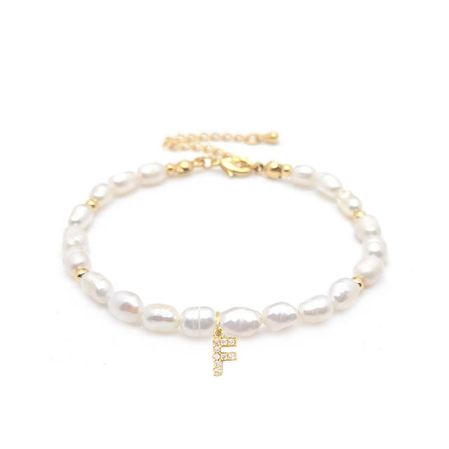 Elegant diamond initial letter charm water pearl beaded bracelet