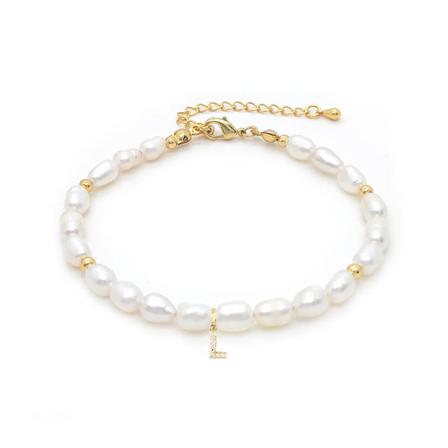 Elegant diamond initial letter charm water pearl beaded bracelet