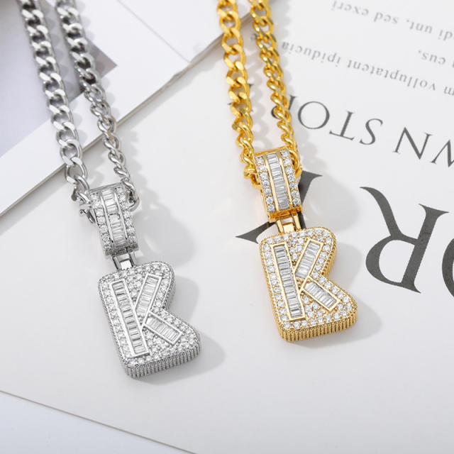 Hiphop iceout initial letter pendant stainless steel chain necklace