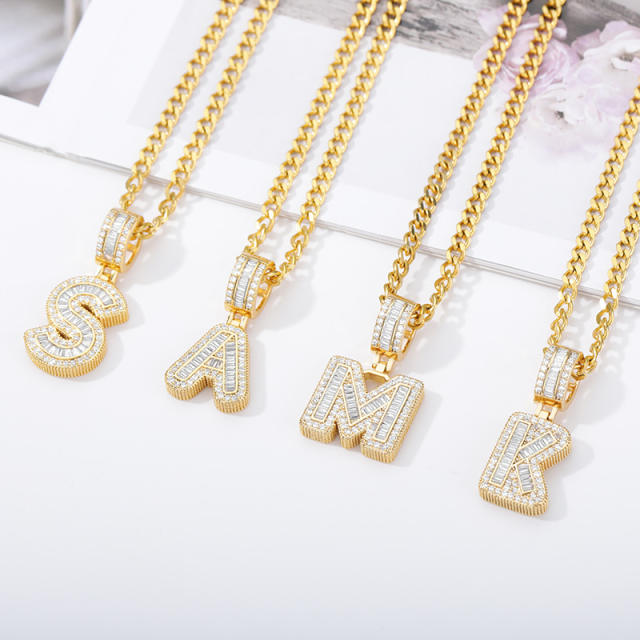 Hiphop iceout initial letter pendant stainless steel chain necklace