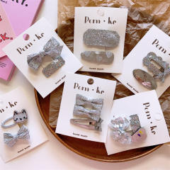 Silver color collection glitter snap hair clips set for kids